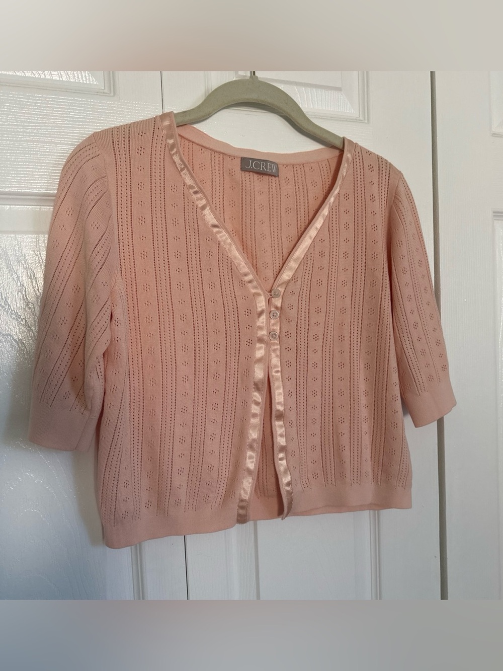 J. Crew Soft Pink Pointelle Satin-Trim Cardigan
